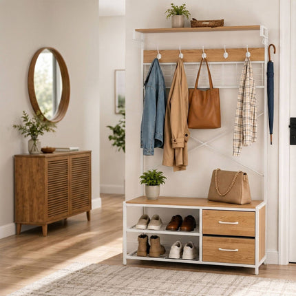 Freestanding Coat Rack with Shoe Shelves and Drawers