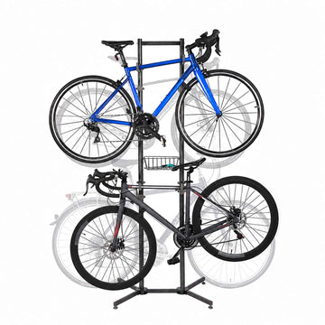 Freestanding E-Bike Rack with Basket, Adjustable Arms