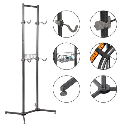 Freestanding E-Bike Rack with Basket, Adjustable Arms