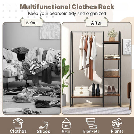 Freestanding Garment Rack with 5-Tier Shelves, Hanging Rod, Rustic Brown/Black