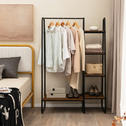 Freestanding Garment Rack with 5-Tier Shelves, Hanging Rod, Rustic Brown/Black
