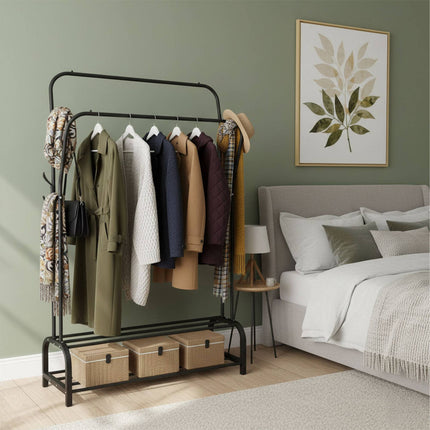 Freestanding Iron Clothes Rack with 2 Rails & Shelves