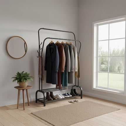 Freestanding Iron Clothes Rack with 2 Rails & Shelves