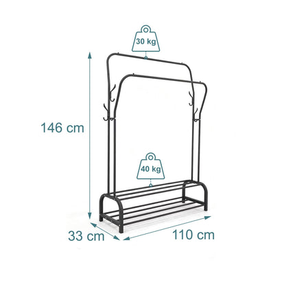 Freestanding Iron Clothes Rack with 2 Rails & Shelves