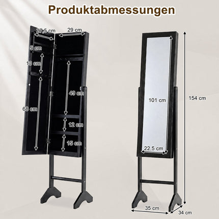 Freestanding Jewelry Armoire with Mirror, Velvet Lining, Black