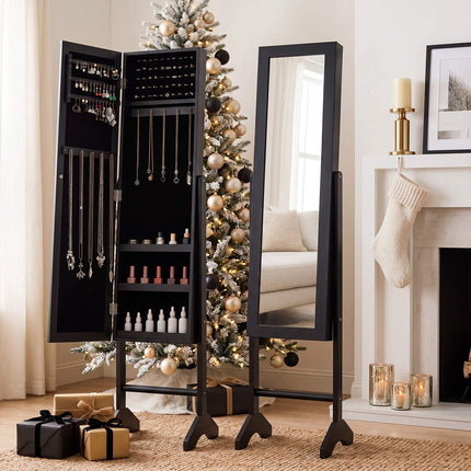 Freestanding Jewelry Armoire with Mirror, Velvet Lining, Black