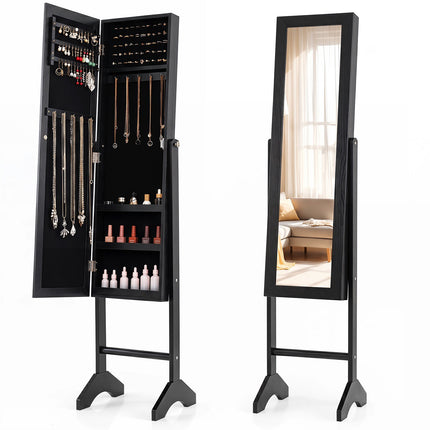 Freestanding Jewelry Armoire with Mirror, Velvet Lining, Black