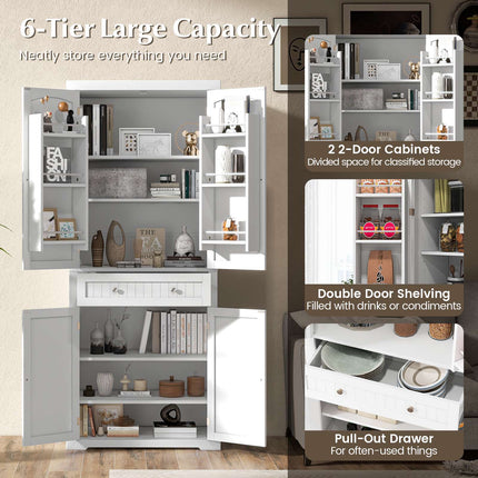 Freestanding Kitchen Pantry Cabinet, 72 Inch, 4 Door, Drawer