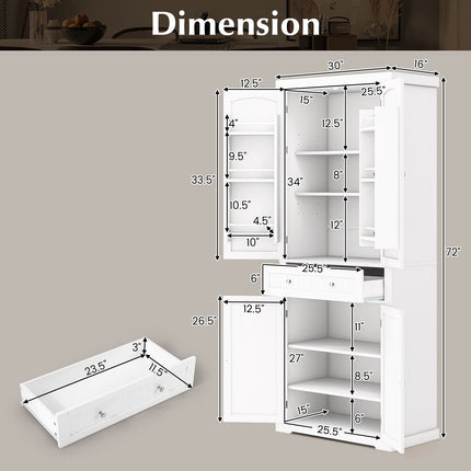 Freestanding Kitchen Pantry Cabinet, 72 Inch, 4 Door, Drawer