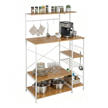 Freestanding Kitchen Rack, 7 Shelves, 8 Hooks, MDF/Metal