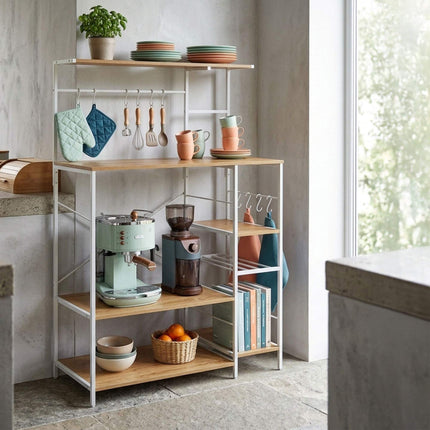 Freestanding Kitchen Rack, 7 Shelves, 8 Hooks, MDF/Metal