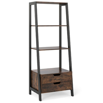 Freestanding Ladder Bookshelf, 134cm, 4 Shelves, 2 Drawers