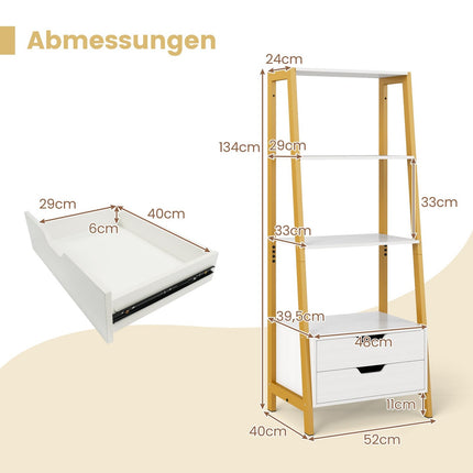 Freestanding Ladder Bookshelf, 134cm, 4 Shelves, 2 Drawers