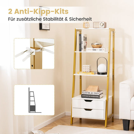 Freestanding Ladder Bookshelf, 134cm, 4 Shelves, 2 Drawers