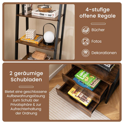 Freestanding Ladder Bookshelf, 134cm, 4 Shelves, 2 Drawers