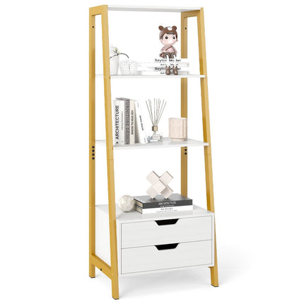 Freestanding Ladder Bookshelf, 134cm, 4 Shelves, 2 Drawers