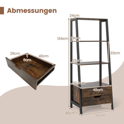 Freestanding Ladder Bookshelf, 134cm, 4 Shelves, 2 Drawers