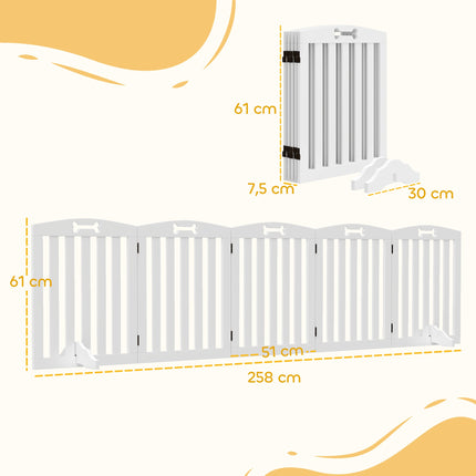 Freestanding Pet Gate with Support Feet, 258 x 30 x 61 cm, White