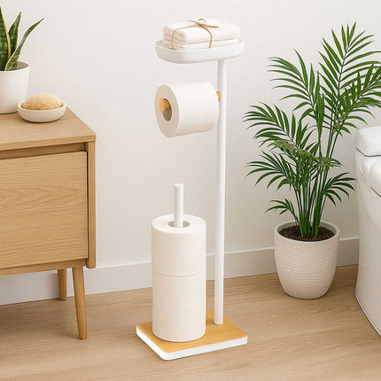 Freestanding Toilet Paper Holder With Shelf, Holds 3 Rolls