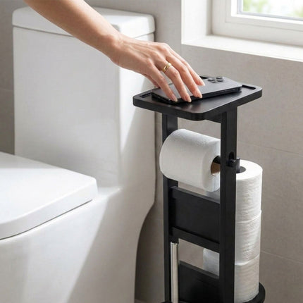 Freestanding Toilet Roll Holder with Shelf – Black