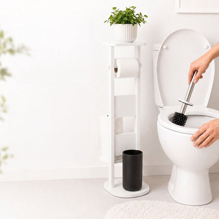 Freestanding Toilet Roll Holder with Shelf – White