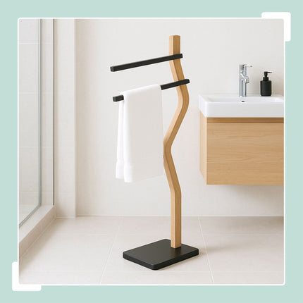 Freestanding Towel Rack, 2-Bar, Bent Wooden Frame