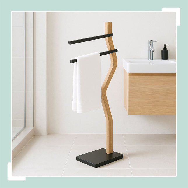Freestanding Towel Rack, 2-Bar, Bent Wooden Frame