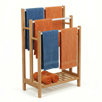 Freestanding Towel Rack, Bamboo And Steel, 3 Bars, Shelf