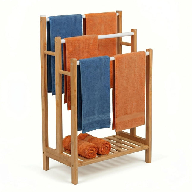 Freestanding Towel Rack, Bamboo And Steel, 3 Bars, Shelf
