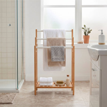 Freestanding Towel Rack, Bamboo And Steel, 3 Bars, Shelf