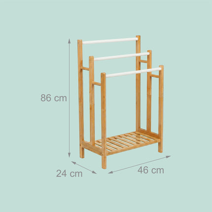 Freestanding Towel Rack, Bamboo And Steel, 3 Bars, Shelf