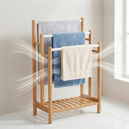 Freestanding Towel Rack, Bamboo And Steel, 3 Bars, Shelf