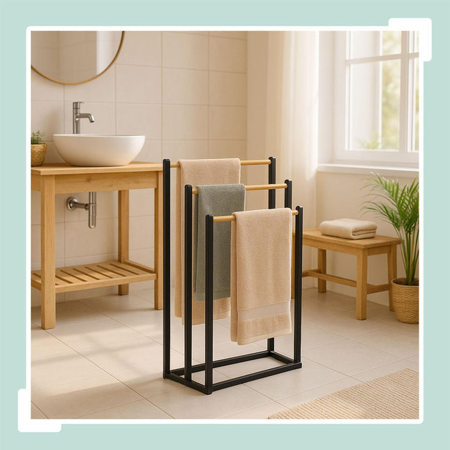 Freestanding Towel Rack with 3 Bamboo Rods