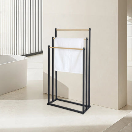 Freestanding Towel Rack with 3 Rails – Metal & Wood Finish