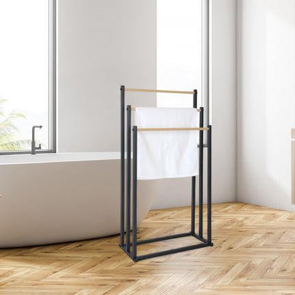 Freestanding Towel Rack with 3 Rails – Metal & Wood Finish