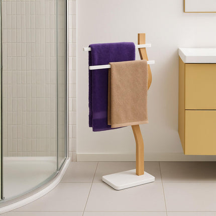 Freestanding Towel Stand with 2 Bars, Wood Frame