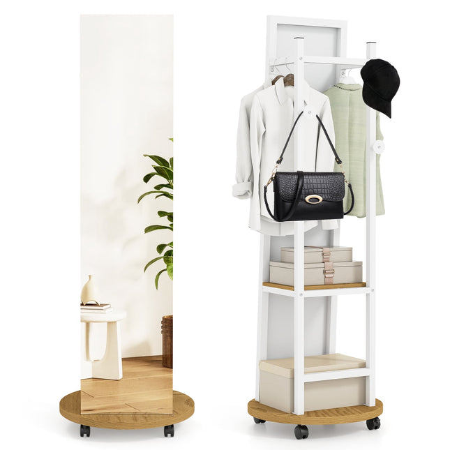 Freestanding Wardrobe Mirror with Hooks and Shelves, White