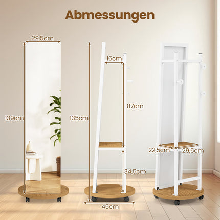 Freestanding Wardrobe Mirror with Hooks and Shelves, White
