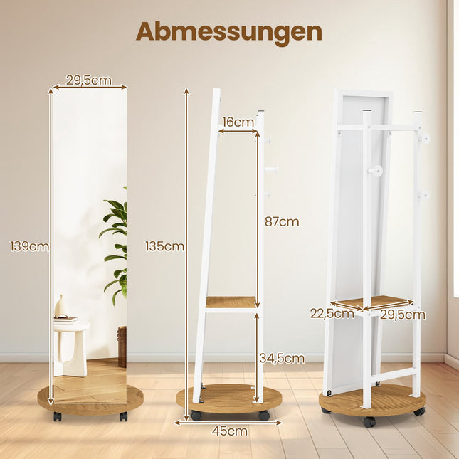 Freestanding Wardrobe Mirror with Hooks and Shelves, White