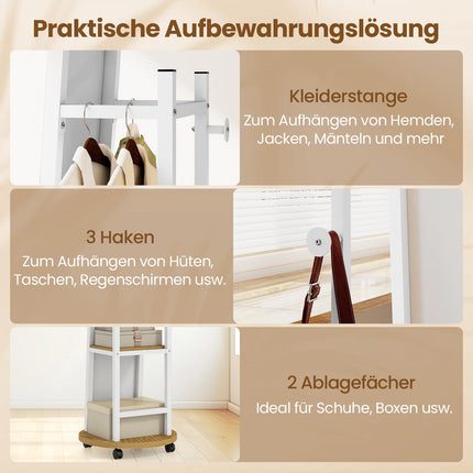 Freestanding Wardrobe Mirror with Hooks and Shelves, White