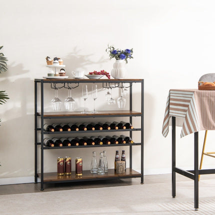 Freestanding Wine Rack with Glass Holder, Rustic Brown