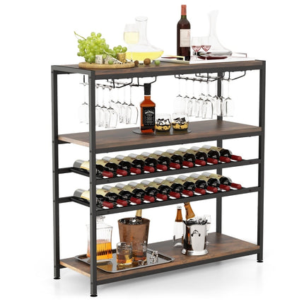 Freestanding Wine Rack with Glass Holder, Rustic Brown