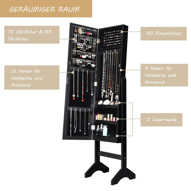 Freestanding jewelry cabinet with full-length mirror jewelry shelf 35.5 × 33 × 153 cm black