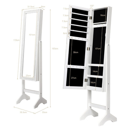 Freestanding jewelry cabinet with mirror adjustable jewelry shelf 35.5 × 33 x 153 cm white