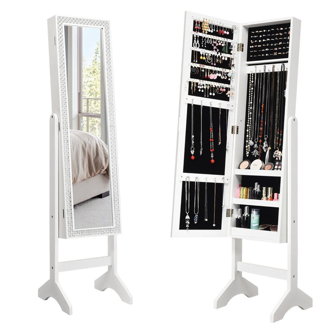 Freestanding jewelry cabinet with mirror adjustable jewelry shelf 35.5 × 33 x 153 cm white