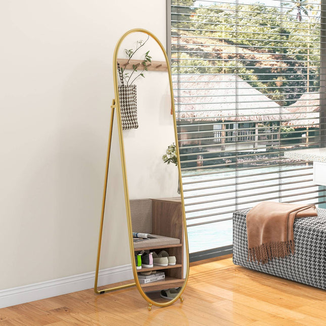 Oval full length mirror, 160x40cm gold metal frame with stand