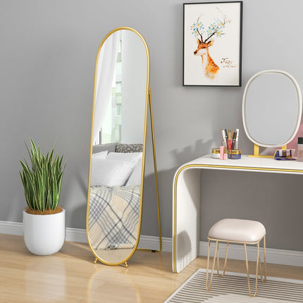 Oval full length mirror, 160x40cm gold metal frame with stand