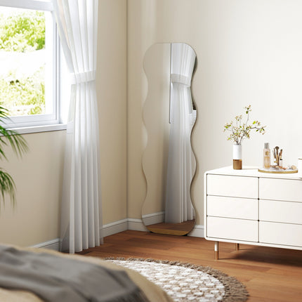 Full-Length Mirror, Frameless, Wood Base, Wave Shape, Black