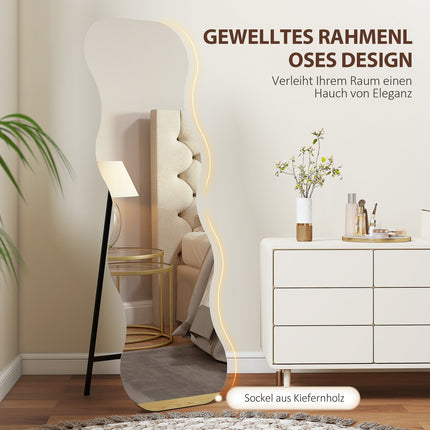 Full-Length Mirror, Frameless, Wood Base, Wave Shape, Black