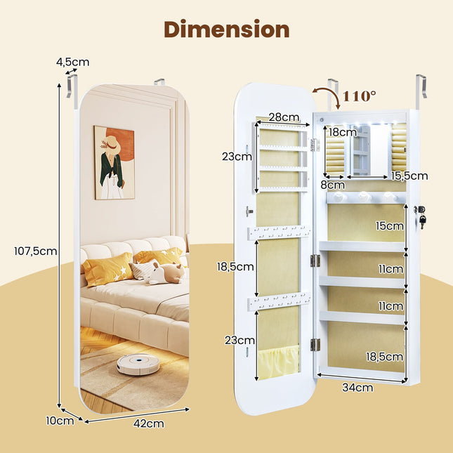 Full-Length Mirror Jewelry Cabinet with LED Lights